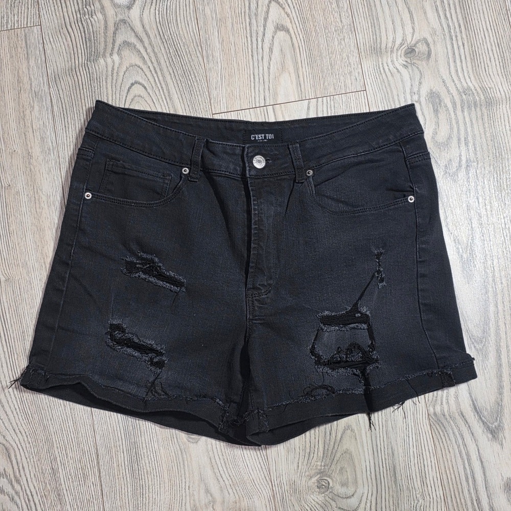 C'est Toi Black Label Distressed Black Denim Shorts - Size Large